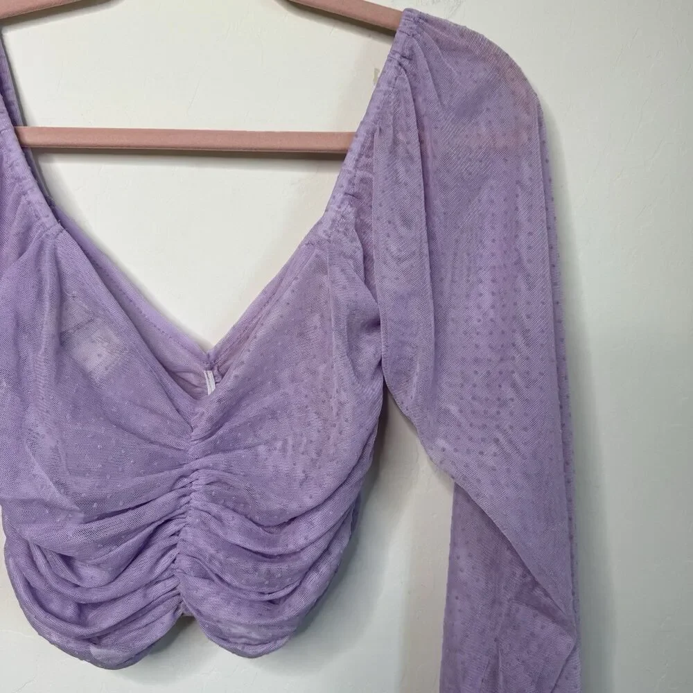 ASOS Size 4 Purple Ruched Sheer Swiss Dot Long Sleeve Crop Top